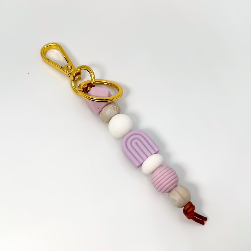 Silicone Bead Keychain Keyring on Leather Strap - Handmade